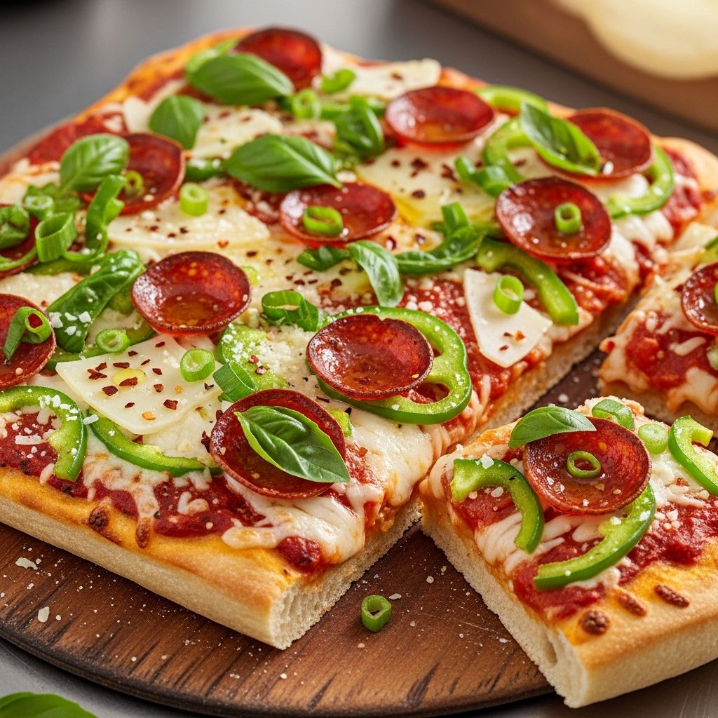 Crispy-edged squares boast airy crumb, vibrant sauce, and curled pepperoni cups.