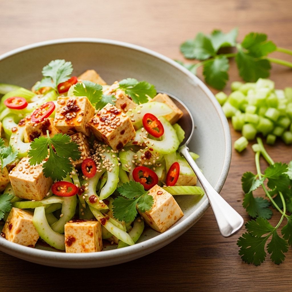 Spicy Warm Silken Tofu Salad with Celery and Cilantro: A Flavorful, Textural Asian-Inspired Dish Custardy cubes meet chili spice and crisp greens for a vibrant, textural delight.