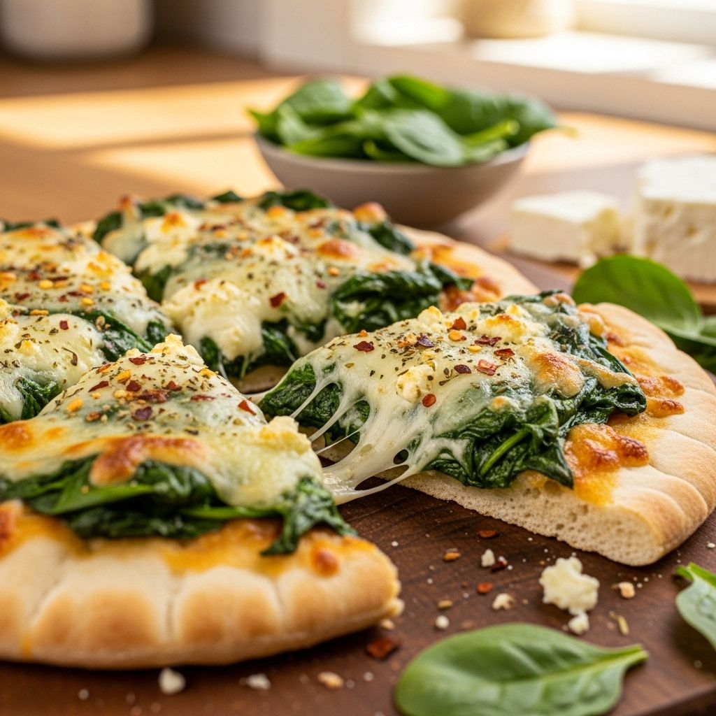 Enjoy quick, wholesome pita pizzas loaded with spinach, creamy cheese, and vibrant flavors for the ultimate healthy weeknight meal.