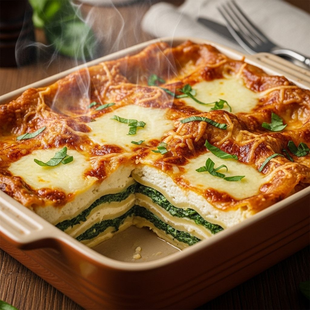 A velvety white sauce and vibrant greens make every bite a warm, satisfying indulgence.