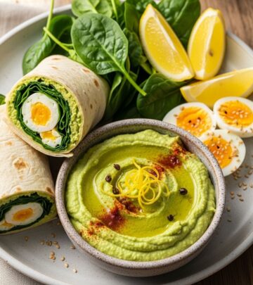 Brighten your morning with these protein-rich spinach and lemon hummus egg wraps, blending Mediterranean flavors and nutrition.