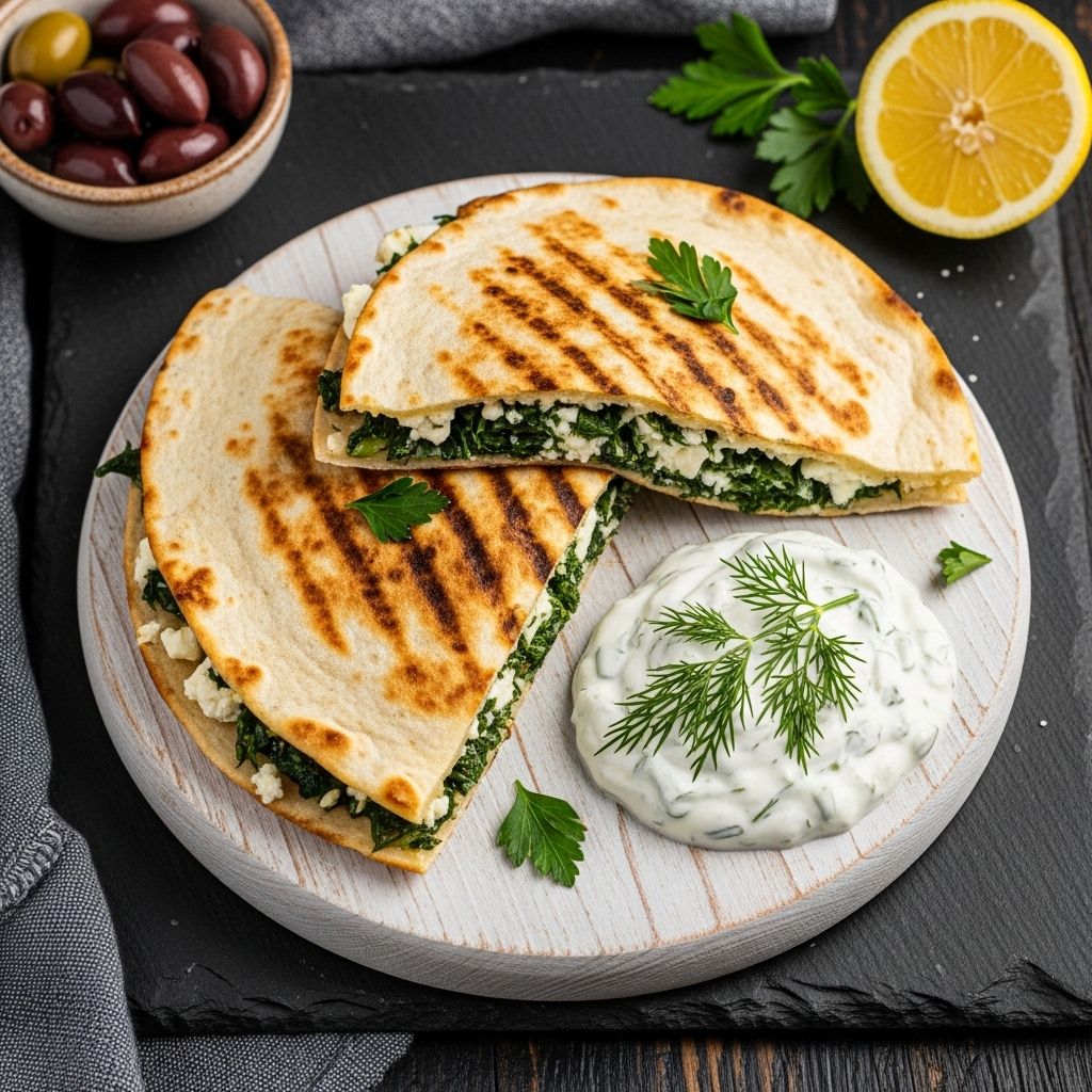 A golden crisp tortilla embracing a creamy blend of spinach, feta, and aromatic herbs.