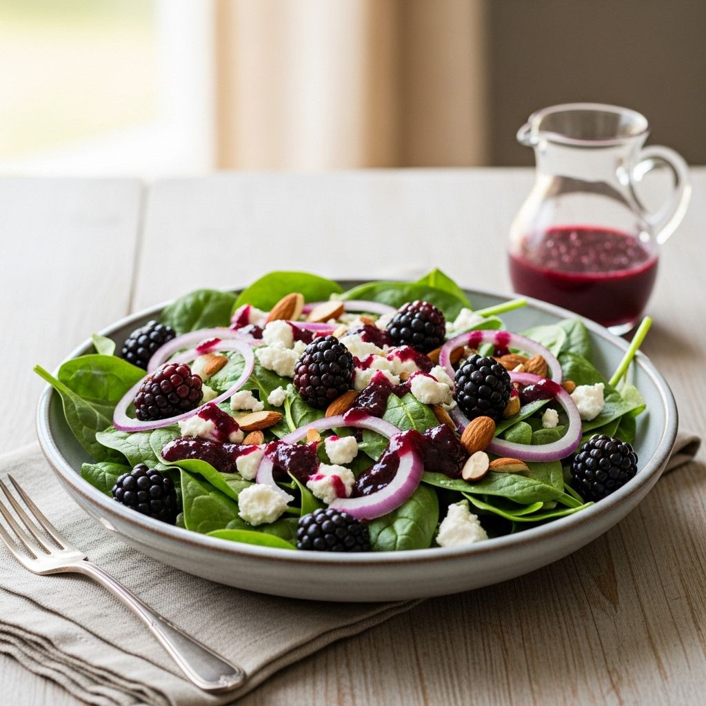 Discover a vibrant spinach salad topped with fresh blackberries and a tangy homemade vinaigrette, perfect for any season or occasion.