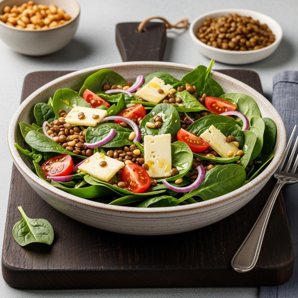Savor every bite of this nutrient-dense spinach salad featuring crispy lentils, creamy avocado, and aged Gouda for a feast of flavors and textures.