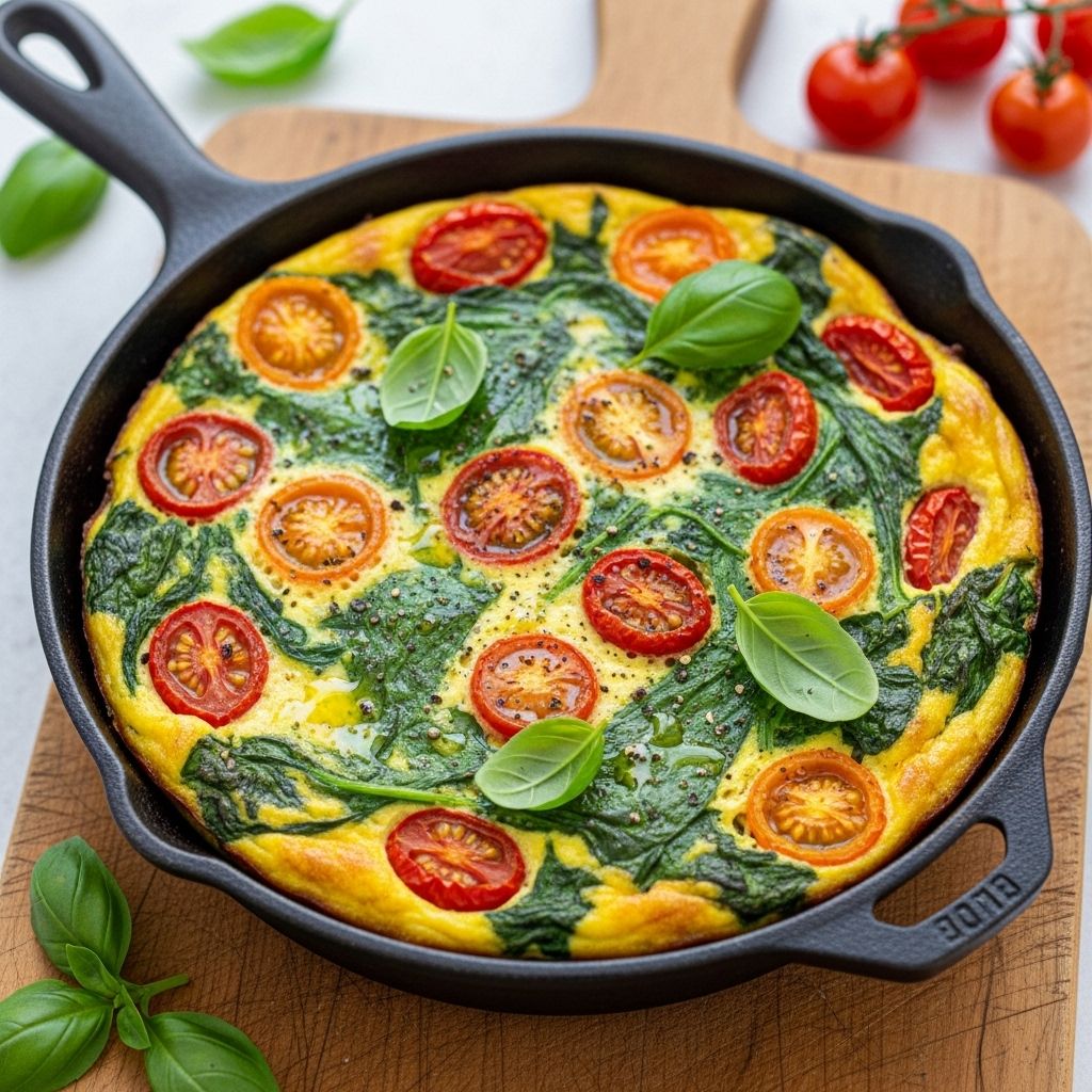Brighten your morning with this protein-rich spinach and tomato frittata, ready in just 15 minutes and perfect for any meal of the day.