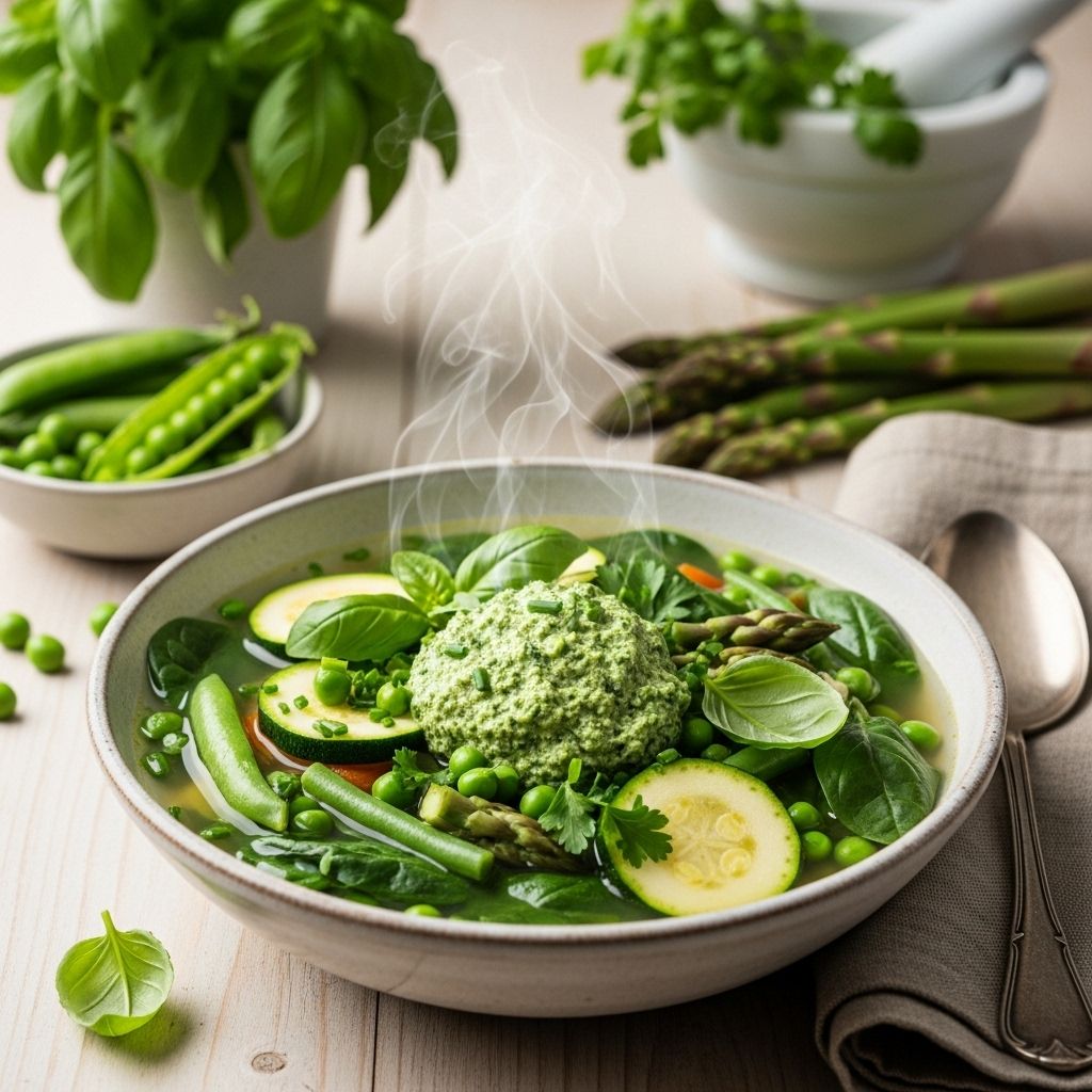 Brighten your table with a quick, nourishing spring minestrone soup featuring crisp greens and a homemade dill-fennel pesto.