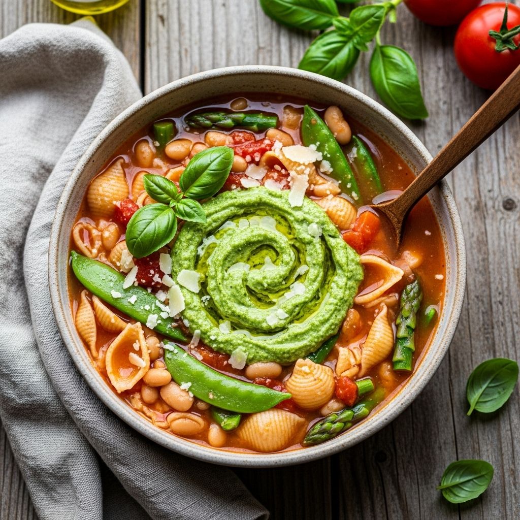 Experience the essence of spring with this vibrant minestrone soup, brimming with seasonal vegetables and topped with homemade dill-fennel pesto.
