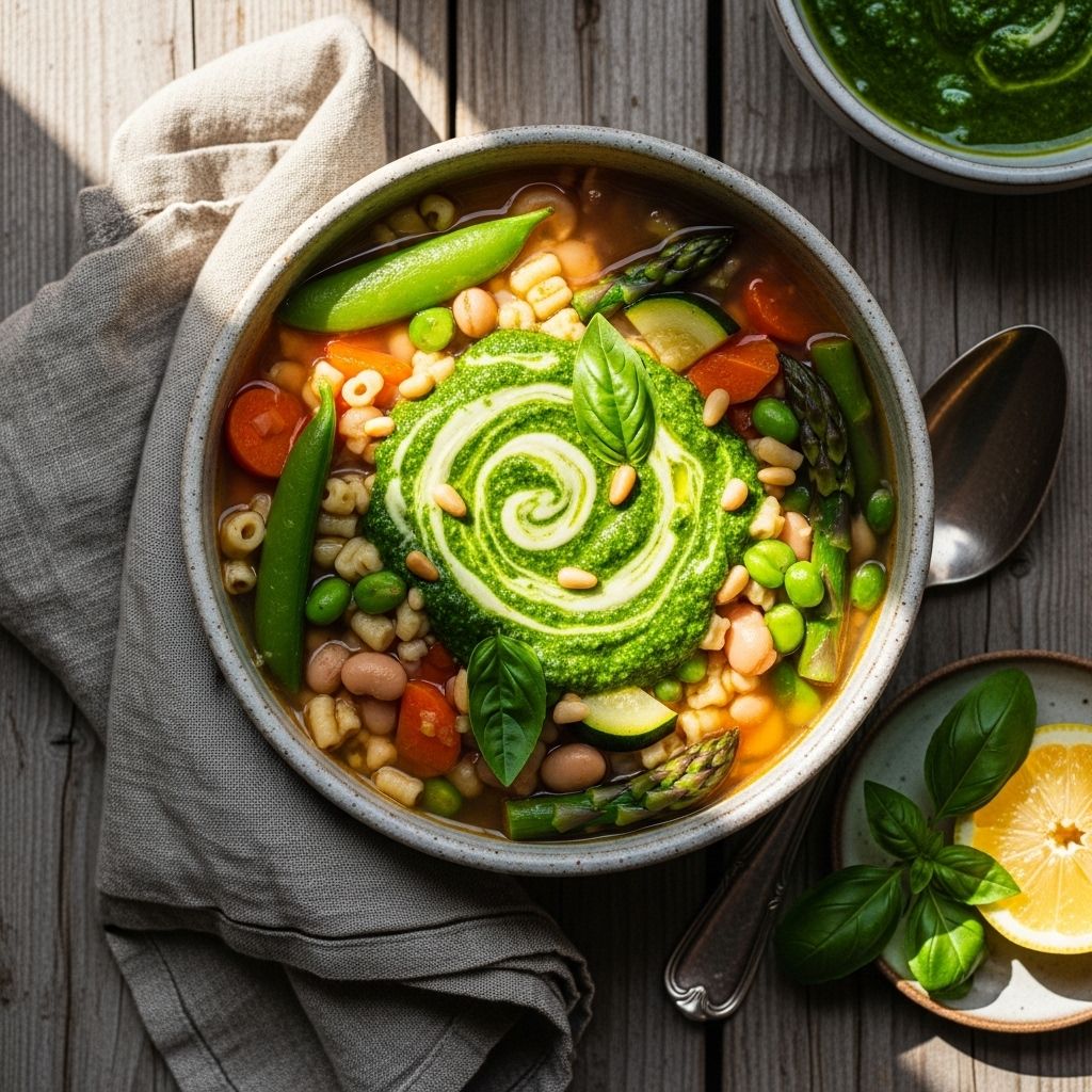 Dive into this vibrant spring minestrone soup featuring fresh green vegetables and homemade dill-fennel pesto for a plant-powered meal.