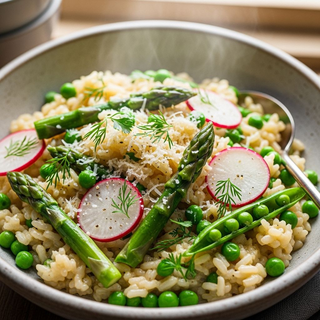 Vibrant seasonal greens blend with silky rice for a luscious, fuss-free centerpiece.