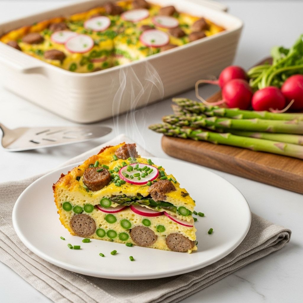 Tender asparagus and earthy mushrooms mingle with sweet leeks in a rich, custard-infused bake.