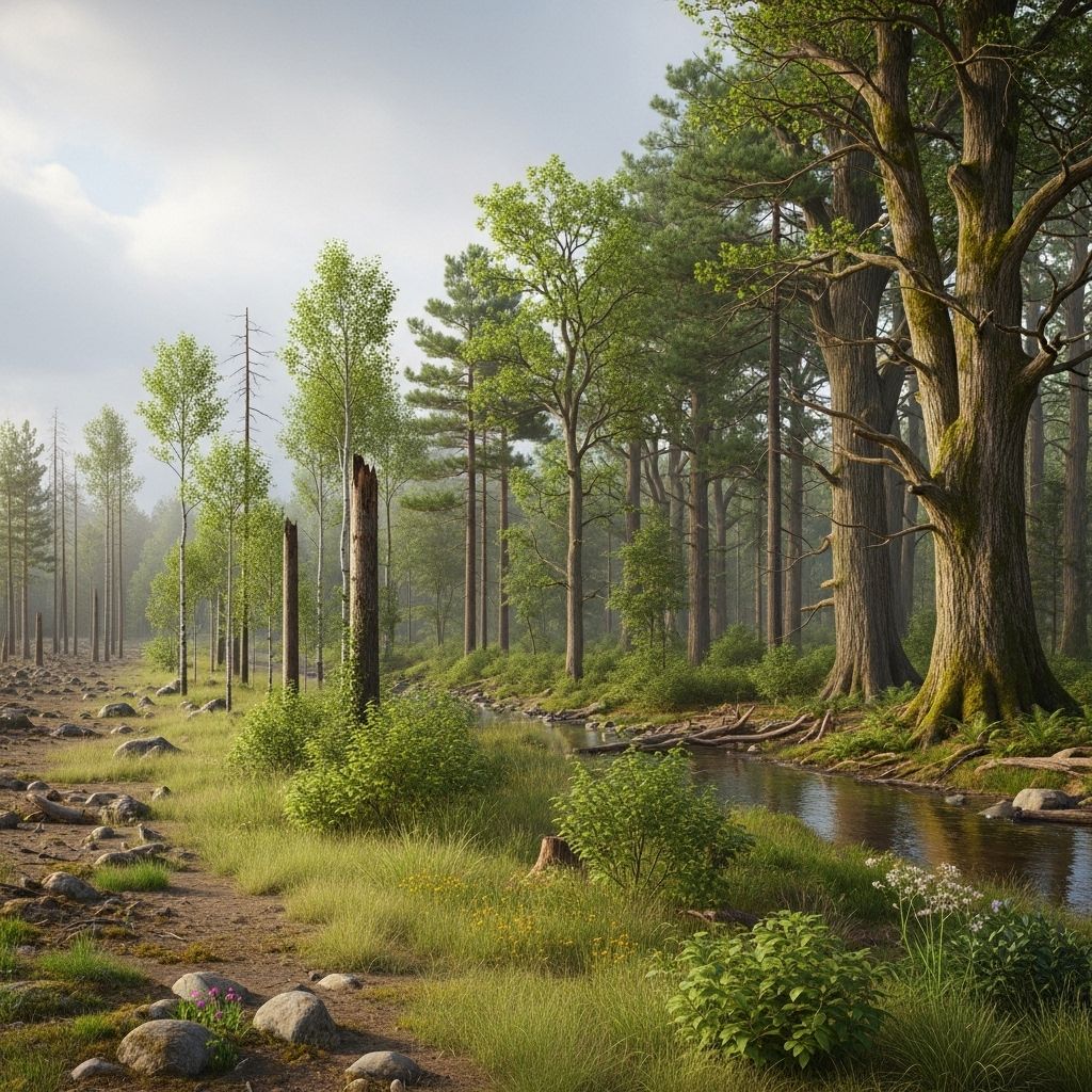 Explore how forests regenerate through distinct successional stages, from bare ground to old-growth ecosystems.