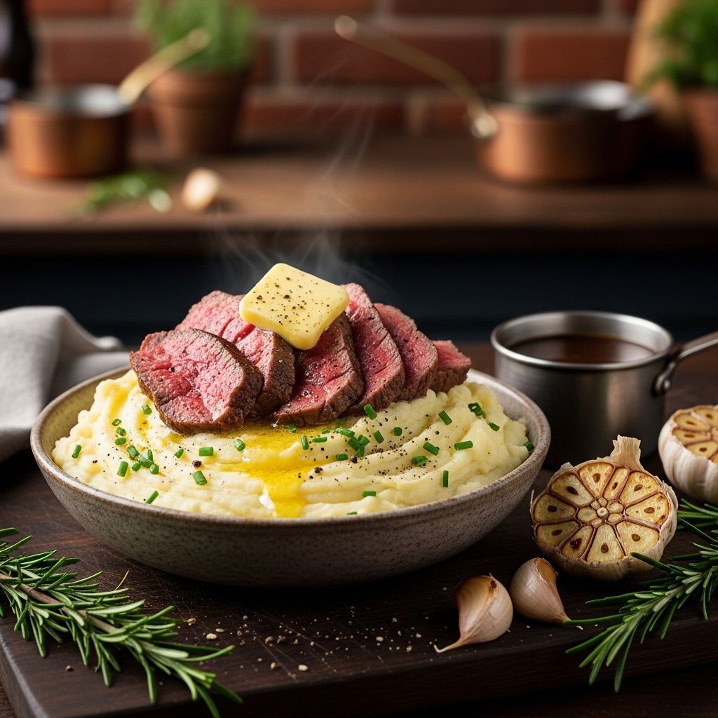 Savor juicy rib-eye with creamy puree and crisp greens for a simple gourmet dish.