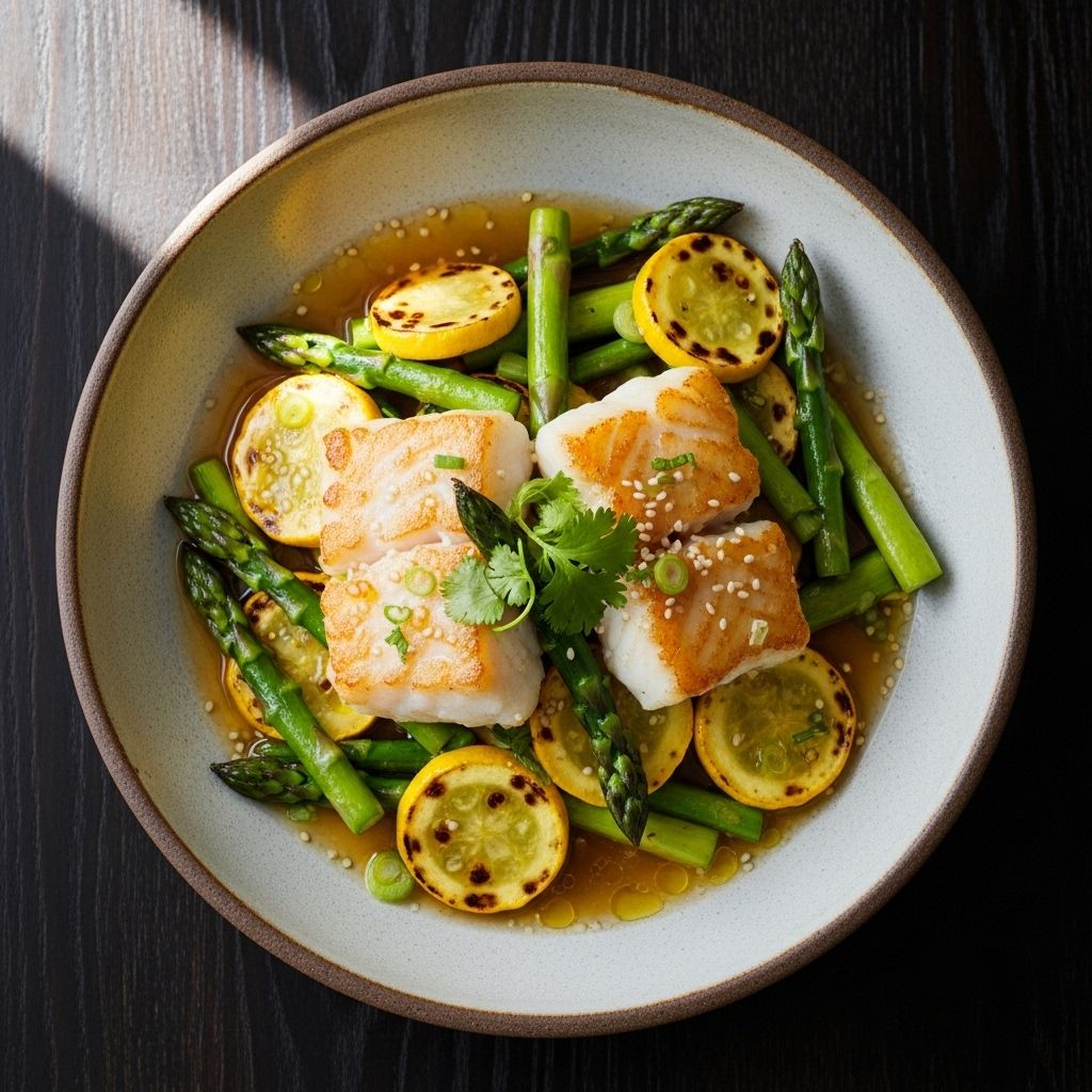 A light, flavorful meal using water-velveting for tender fish and crisp vegetables.