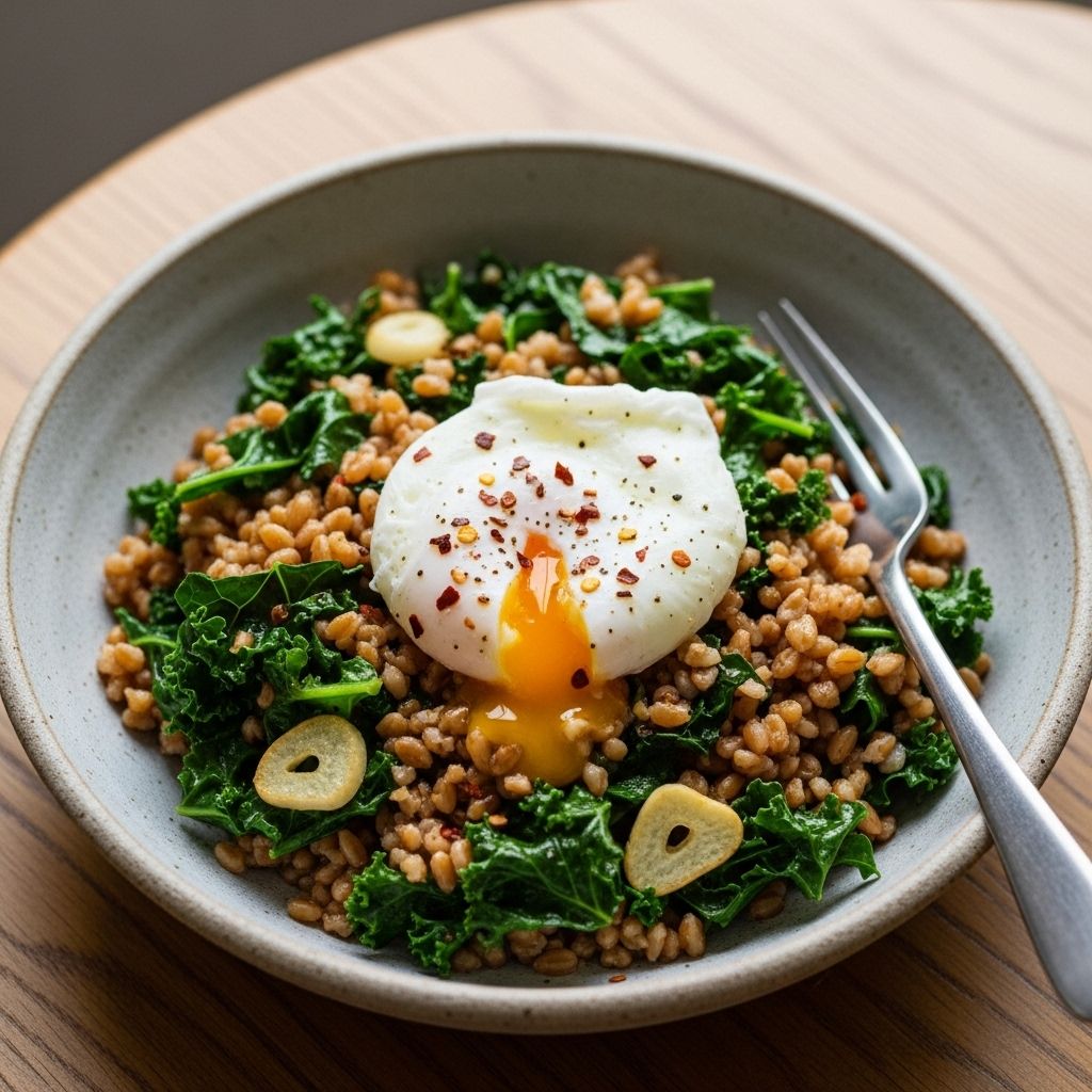 Stir-Fried Farro With Garlicky Kale and Poached Egg: A Nutritious Grain Bowl A balanced bowl combining nutty ancient grains with vibrant greens and velvety yolk.