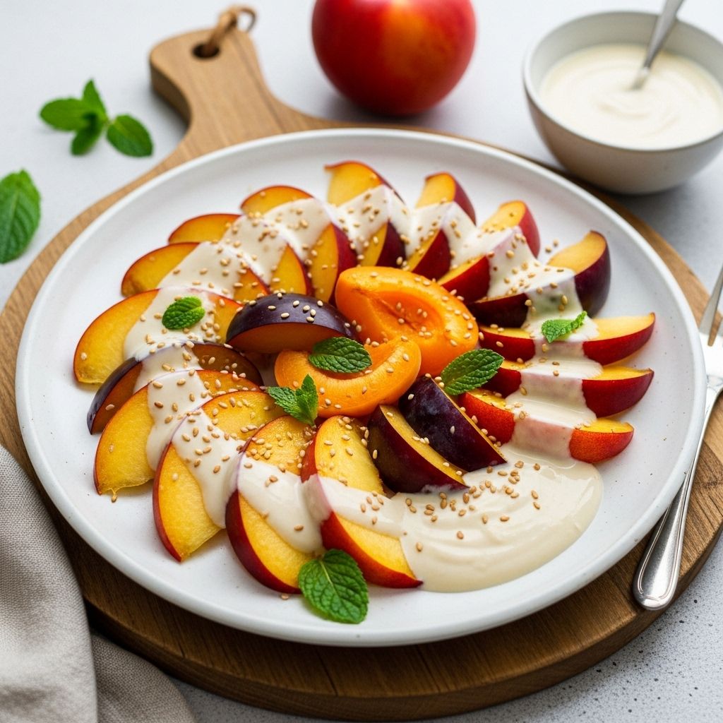 Indulge in a vibrant, nutrient-rich dessert with stone fruit, creamy tahini-infused yogurt, and crunchy pistachios—perfect for summer wellness and taste.
