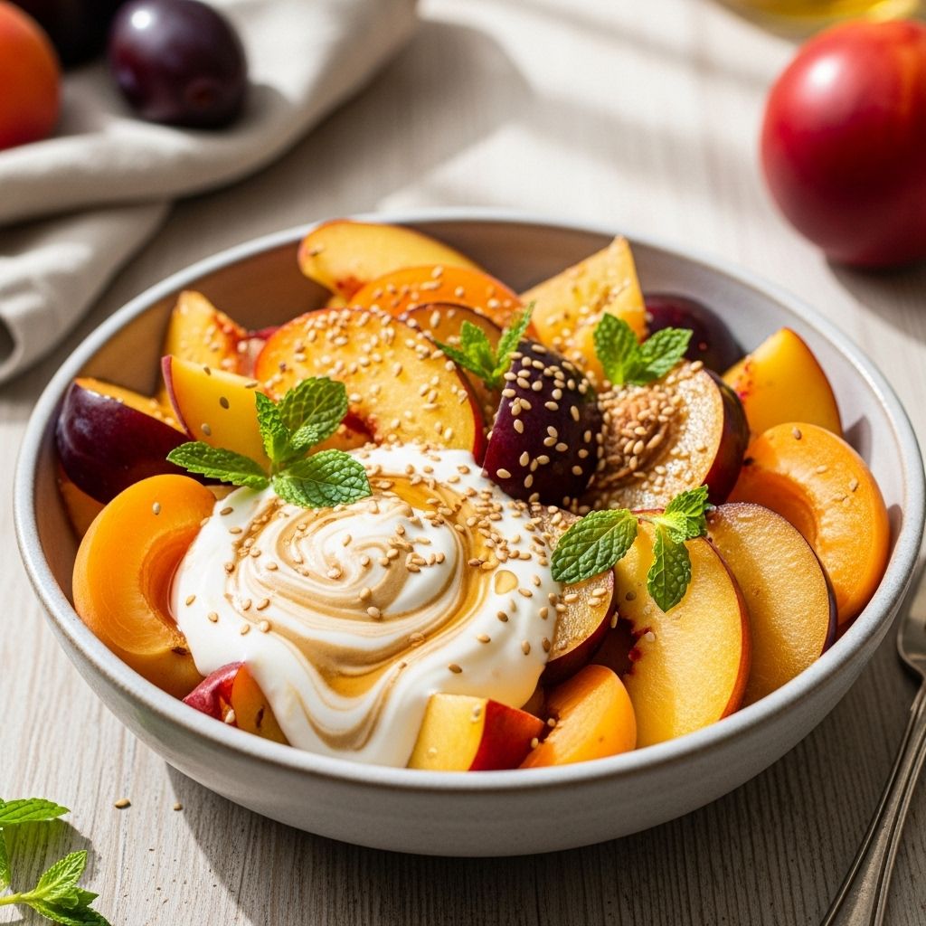 Discover a vibrant summer recipe: ripe stone fruit with creamy tahini yogurt, nutty toppings, and a hint of spice—packed with flavor and nutrients.
