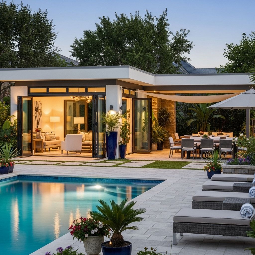 A stylish backyard sanctuary offering versatile spaces for relaxation and entertainment.
