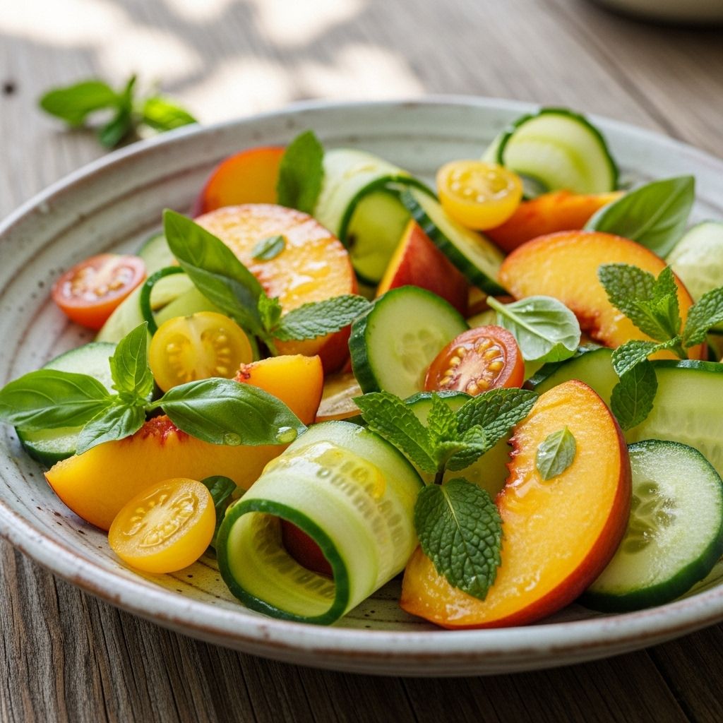 Elevate summer meals with vibrant peach and cucumber salad packed with fresh herbs and a zesty dressing.