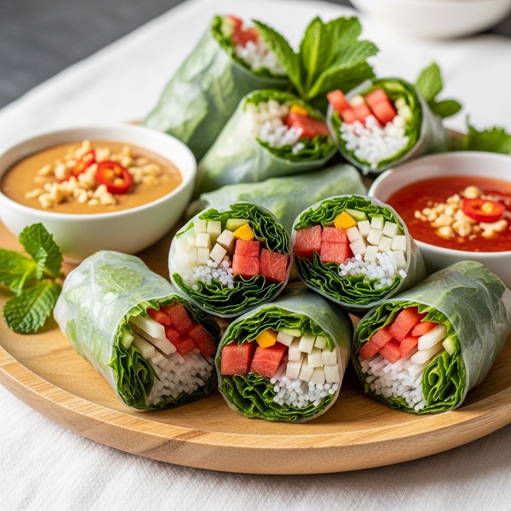 Summer Rolls with Jicama, Watermelon, and Fresh Herbs Bright flavors and contrasting textures come together in a colorful, healthful appetizer.