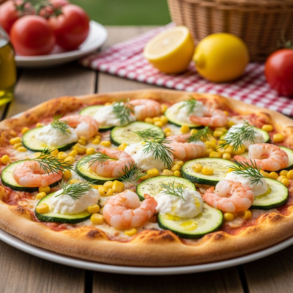 Bright produce and succulent seafood unite on a crisp crust for genuine seasonal flair.
