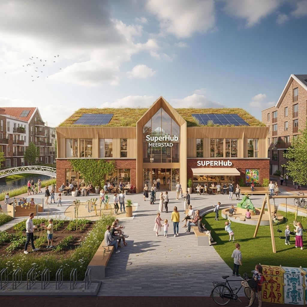 SuperHub Meerstad: Redefining the Dutch Supermarket as a Community Icon A revolutionary supermarket design by De Zwarte Hond transforms the heart of Meerstad, blending sustainability, community, and social vibrancy under a dramatic wooden roof.