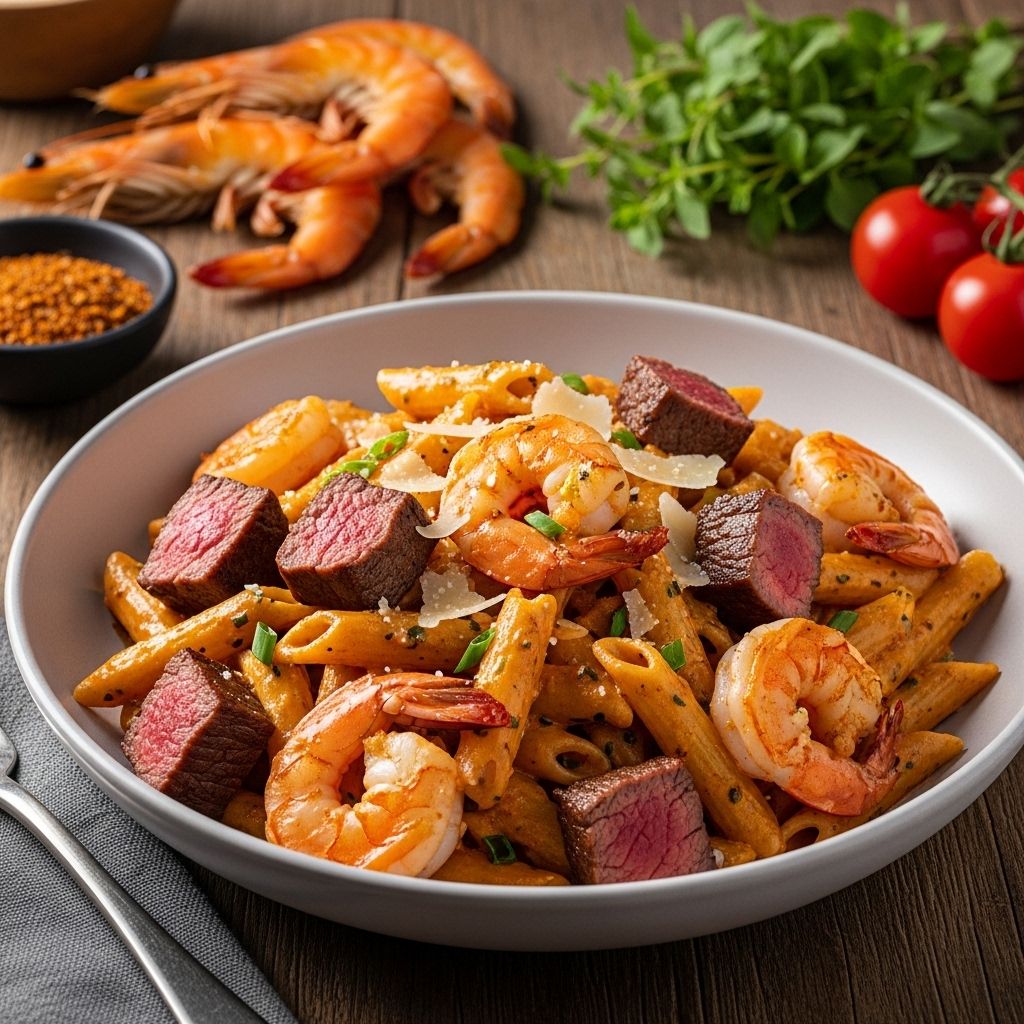 A fusion of hearty steak and shrimp brings creamy, spicy Southern comfort to every fork.