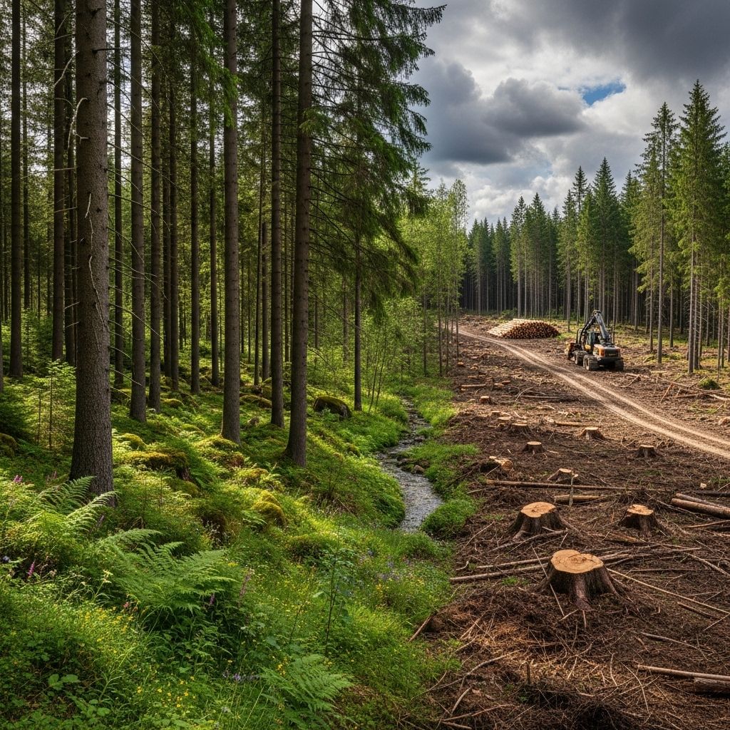 Exploring the ecological consequences and controversies of modern logging methods in Sweden, balancing industry, biodiversity, and climate.