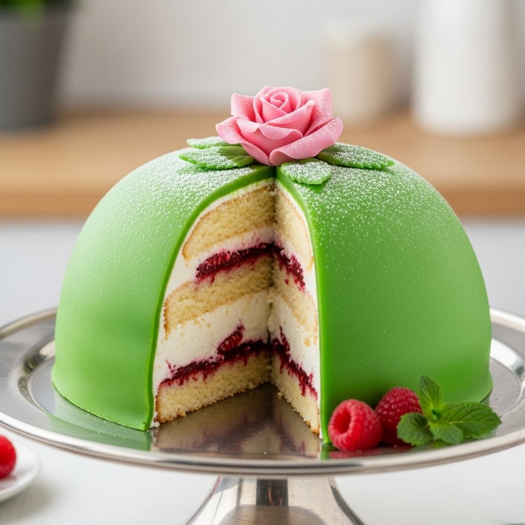 A green marzipan cloak hides airy sponge, creamy custard, and tangy jam in every forkful.