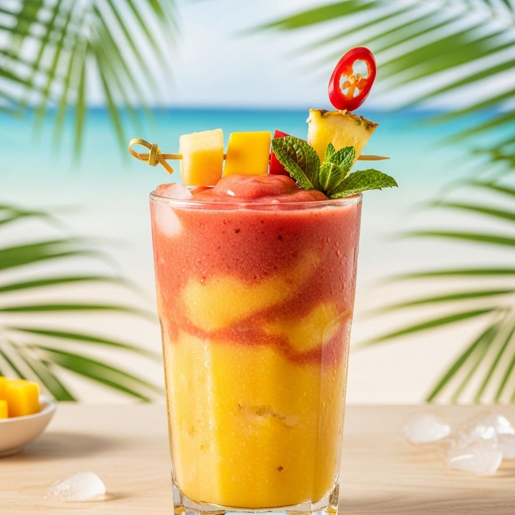 Experience the vibrant fusion of sweet fruits and a spicy kick in this nutritious tropical smoothie, perfect for breakfast or a revitalizing snack.