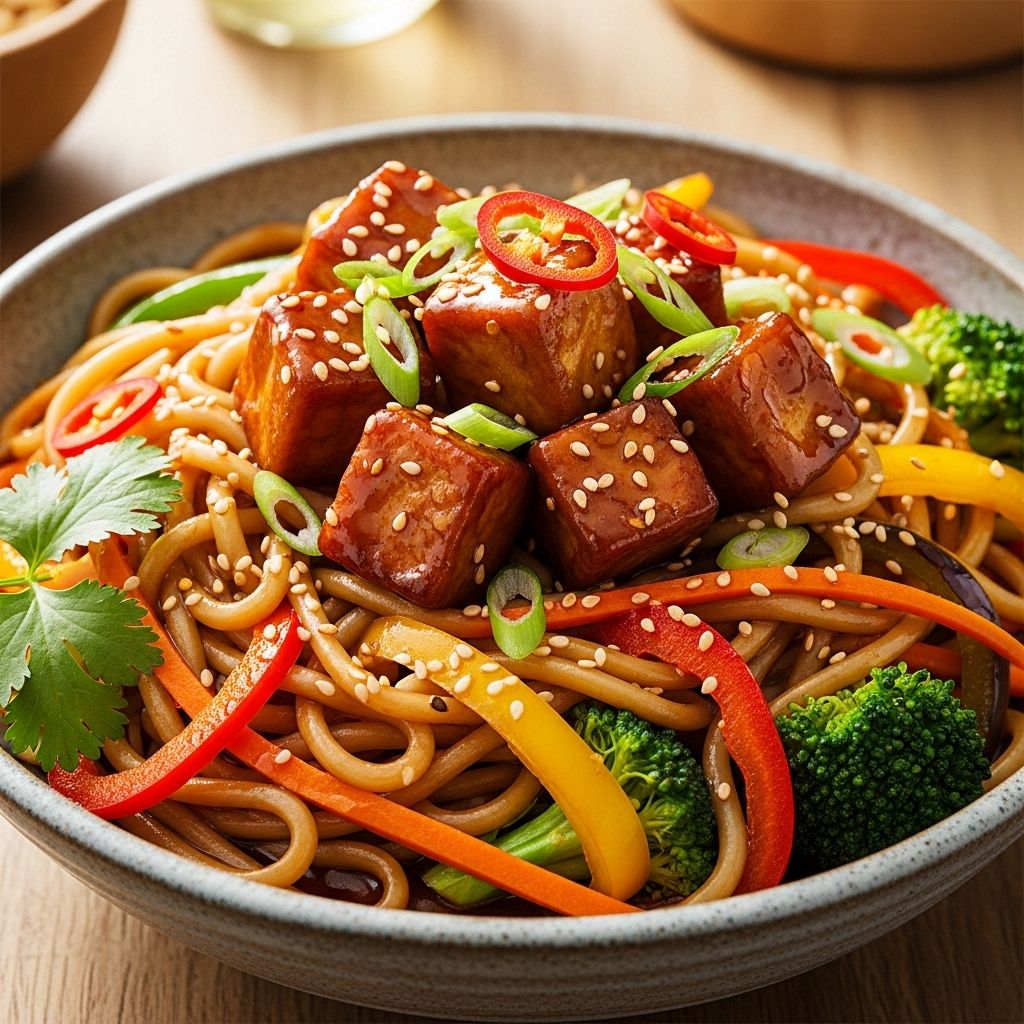 Glossy umami glaze elevates crispy plant protein and fresh veggies into a meal to savor.