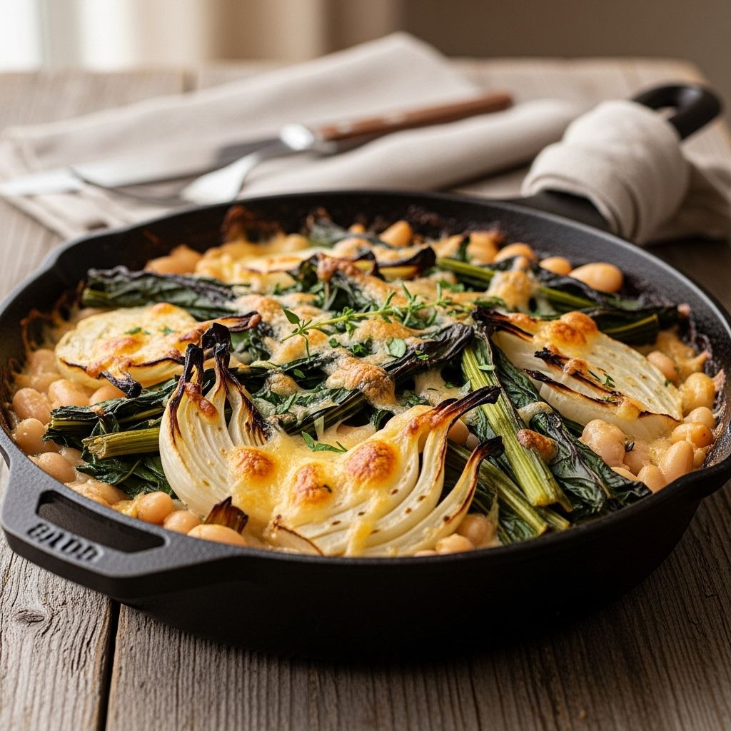 Tender leafy stalks and creamy legumes unite beneath a buttery, golden breadcrumb crust.
