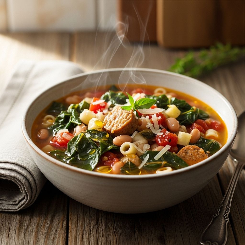 A vibrant blend of greens and beans transforms simple ingredients into cozy nourishment.