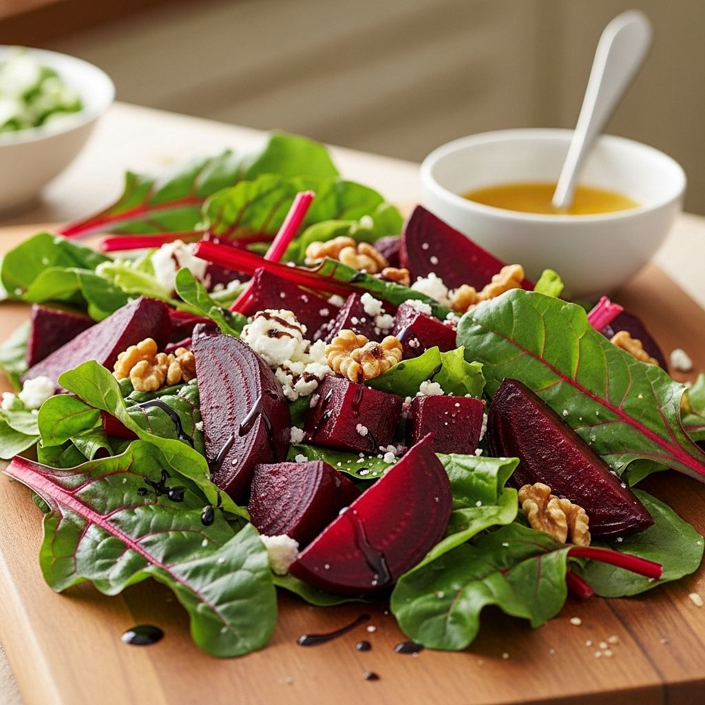 A nutritious salad brimming with earthy beets and leafy greens, complemented by a tangy vinaigrette—perfect for any season.