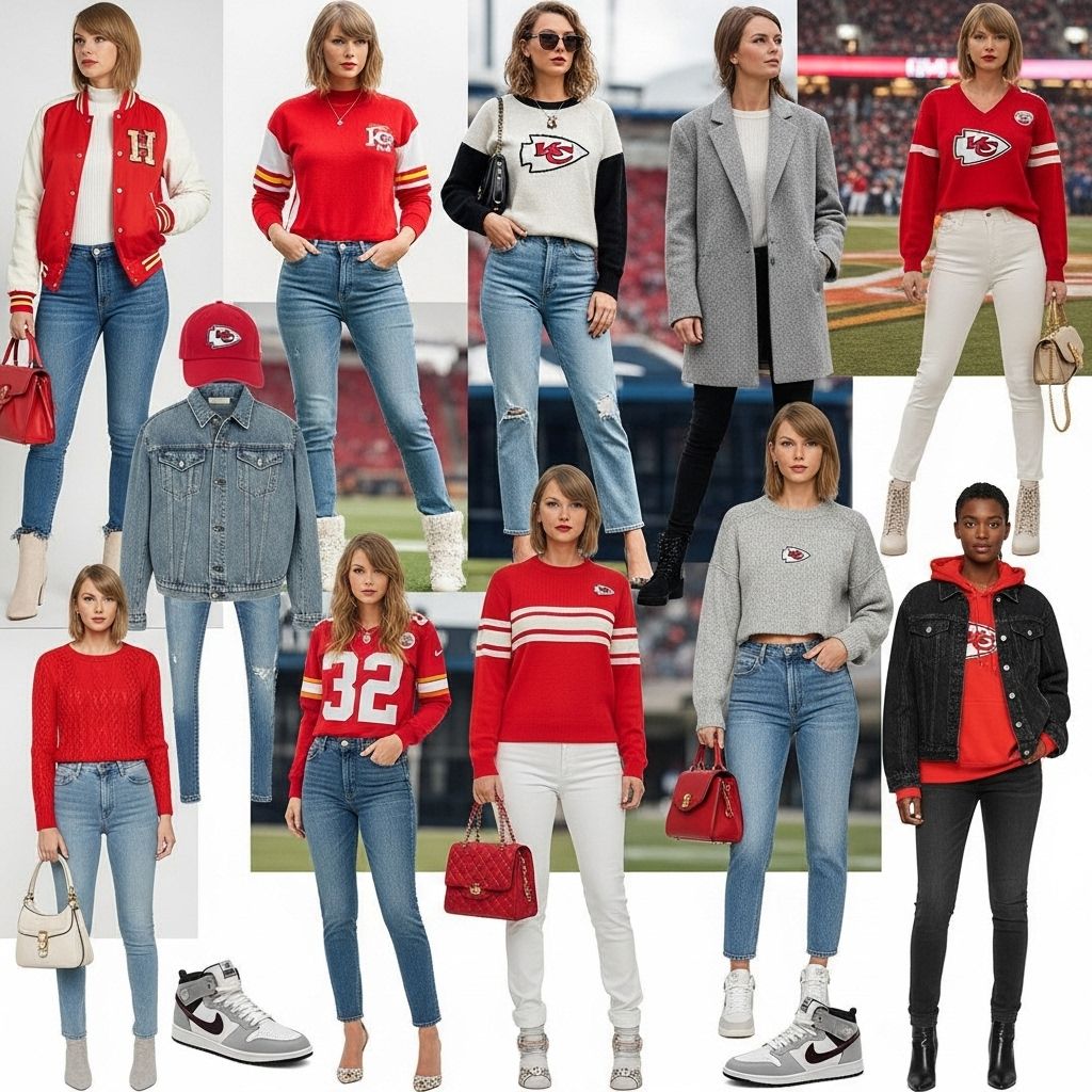 Inspired by Taylor Swift: Chic game day outfits blending fandom, style, and sporty sophistication for the 2025 Super Bowl.