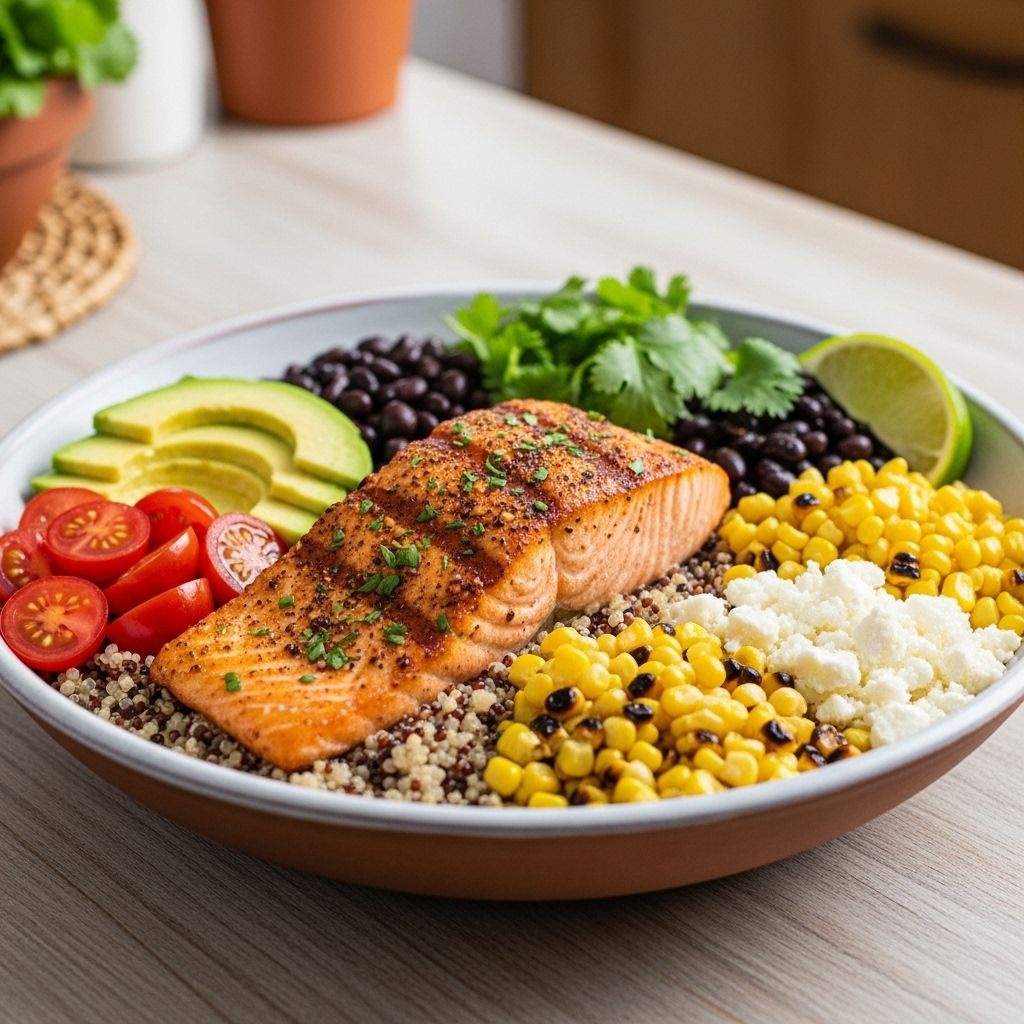 A Tex-Mex salmon bowl blends bold spices, nourishing ingredients, and vibrant toppings for a crave-worthy, healthful meal.