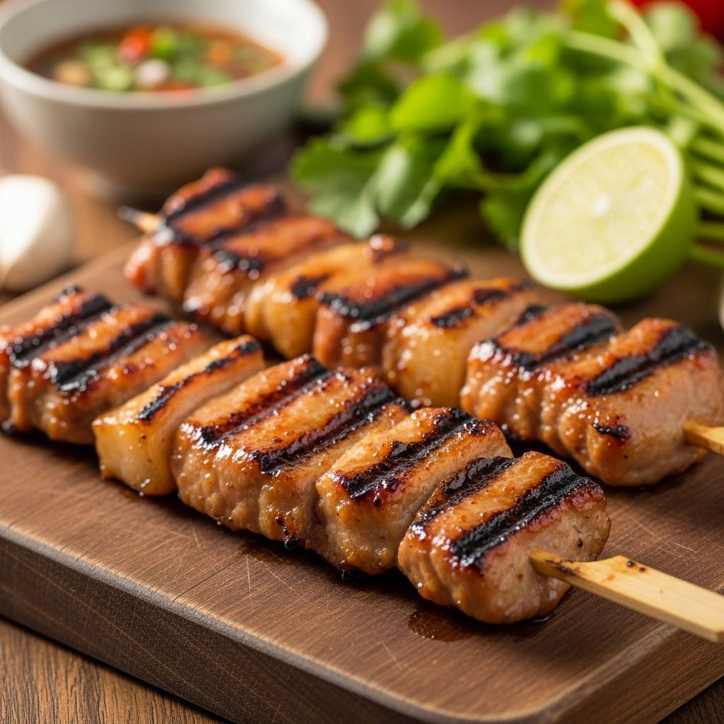 Coconut marinade and char-grilling yield tender meat with subtle smoky notes.