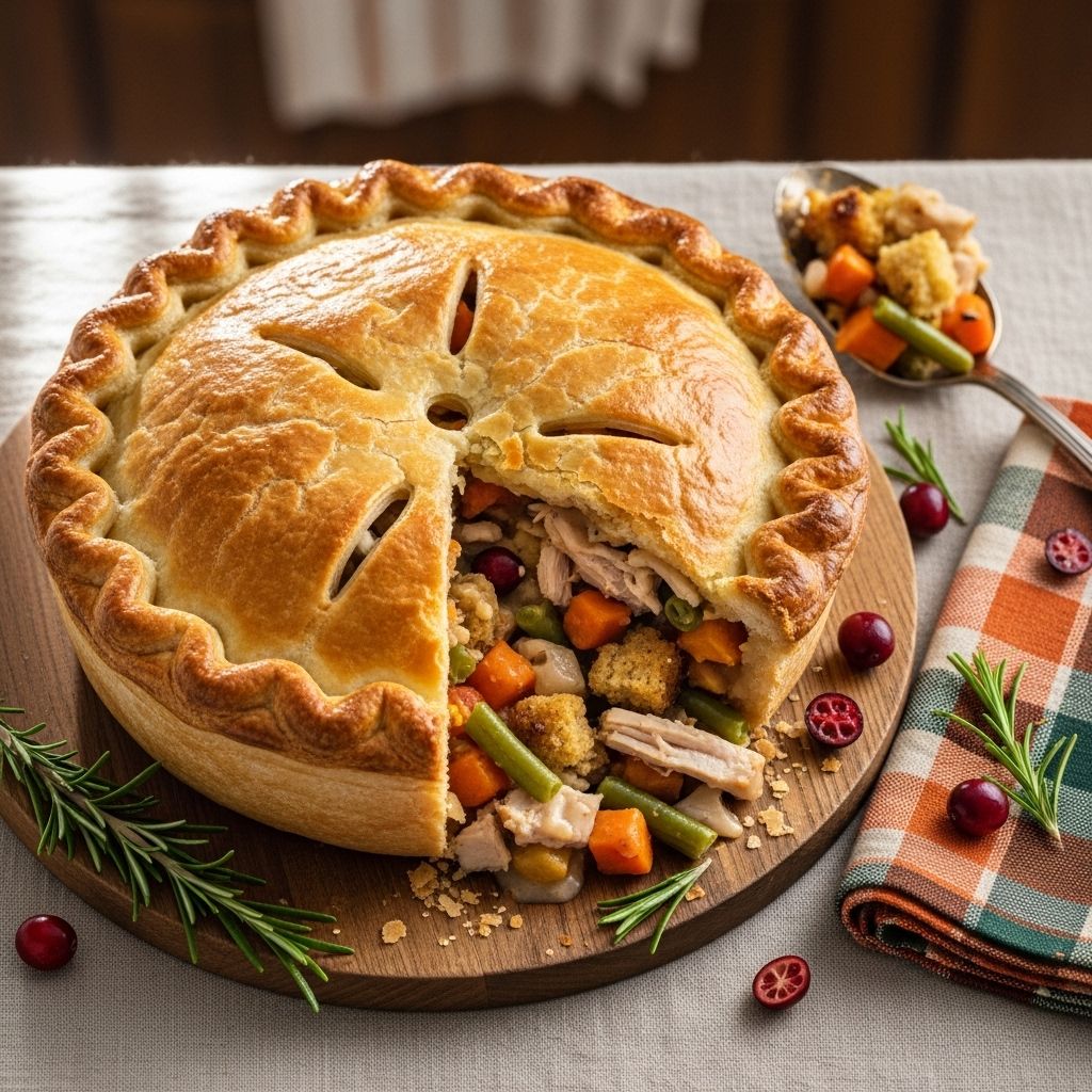 Golden, flaky crust enclosing creamy turkey and veggies for a heartwarming dinner.