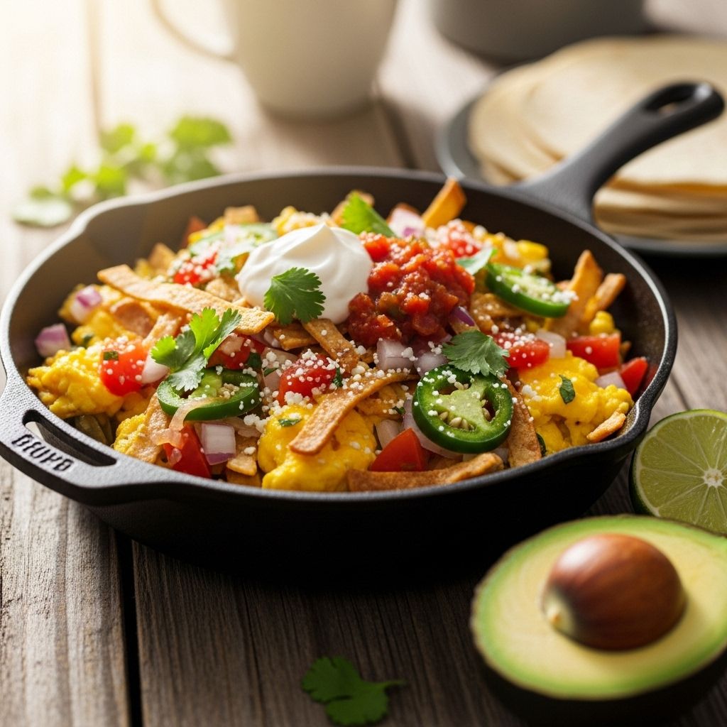 Experience a perfect balance of fluffy eggs, zesty peppers, and crispy tortillas.