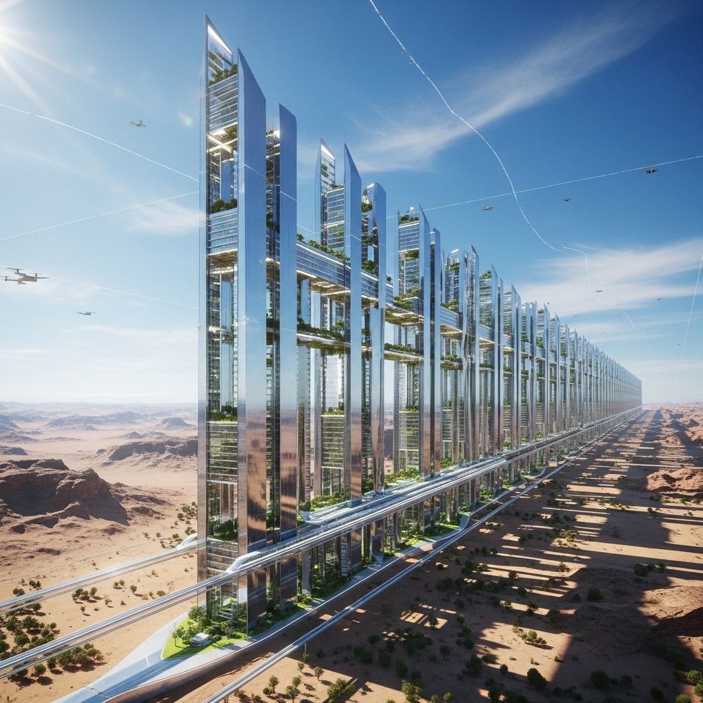 The Line: Saudi Arabias Linear City Reimagining Urban Futures Saudi Arabias The Line confronts urban challenges by compressing nine million people into a 170-kilometer mirrored city in the desert.