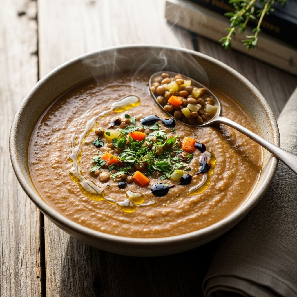 Pureeing a portion and finishing with vinegar yield a creamy, savory comfort bowl.