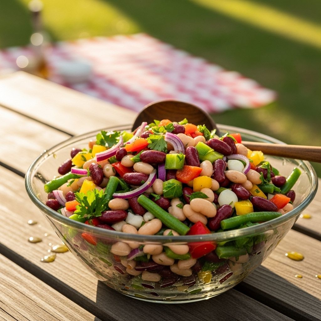 Zesty beans and crisp veggies fuse in a colorful dish ideal for summer feasts.