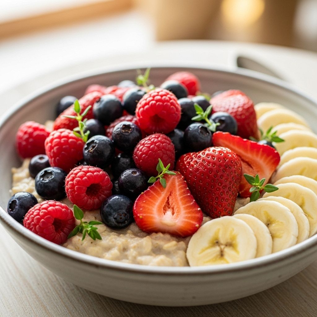Elevate your mornings with this vitamin- and mineral-rich oatmeal topped with thyme-roasted berries and banana for balanced energy and delightful flavor.