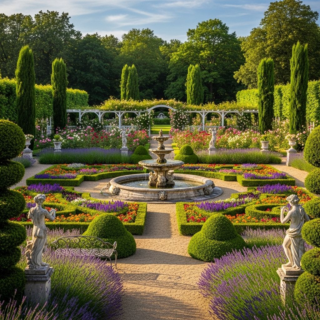 Structured layouts and antique touches bring romantic charm to everyday garden life.