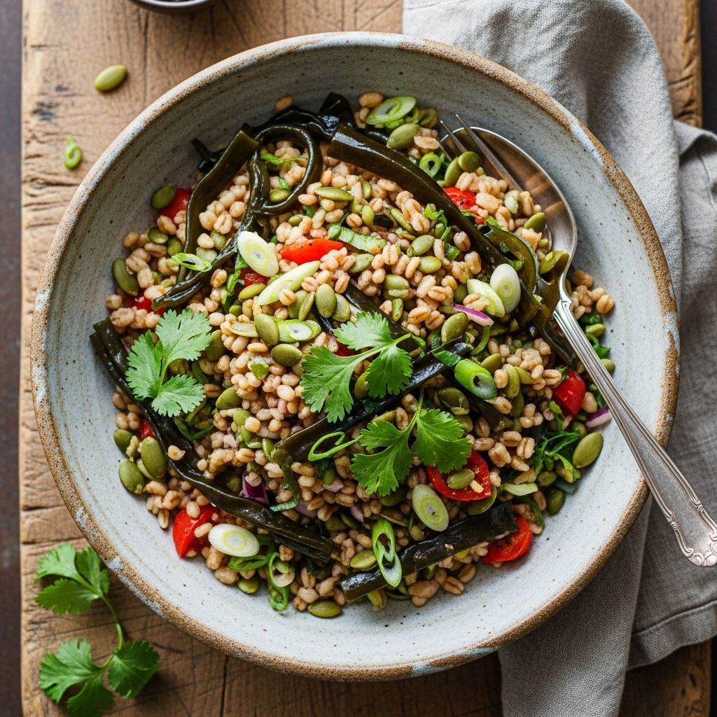 A nourishing grain dish balancing umami richness with crunchy bites for meal prep.