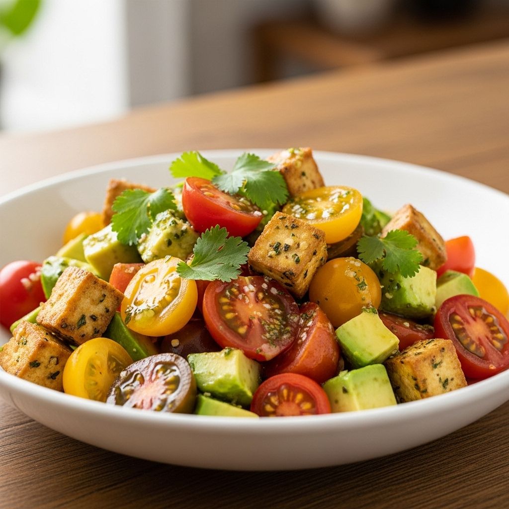 A vibrant, protein-rich salad blending juicy tomatoes, creamy avocado, and crispy tofu for a satisfying plant-based meal.