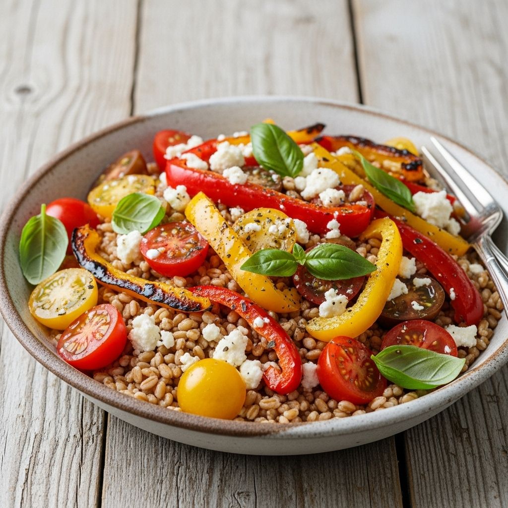 A Mediterranean-inspired farro salad packed with roasted tomatoes, charred peppers, and fresh herbs—perfect for any meal.