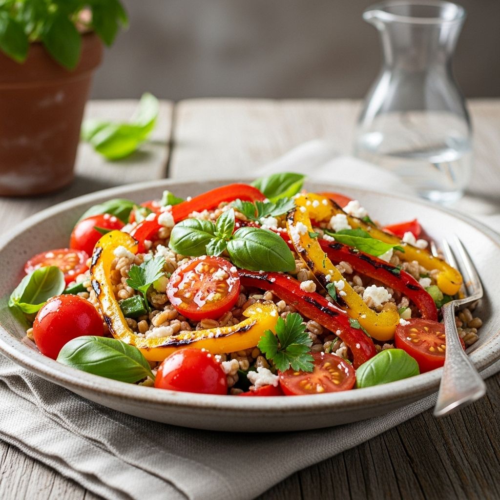 Experience Mediterranean freshness with a vibrant salad featuring farro, roasted tomatoes, and charred peppers—perfect for any meal.