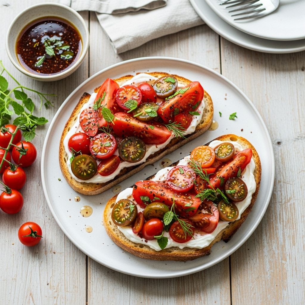 Experience the ultimate summer brunch with tangy tomatoes, herbaceous yogurt, and a lively sumac vinaigrette on crisp toast.