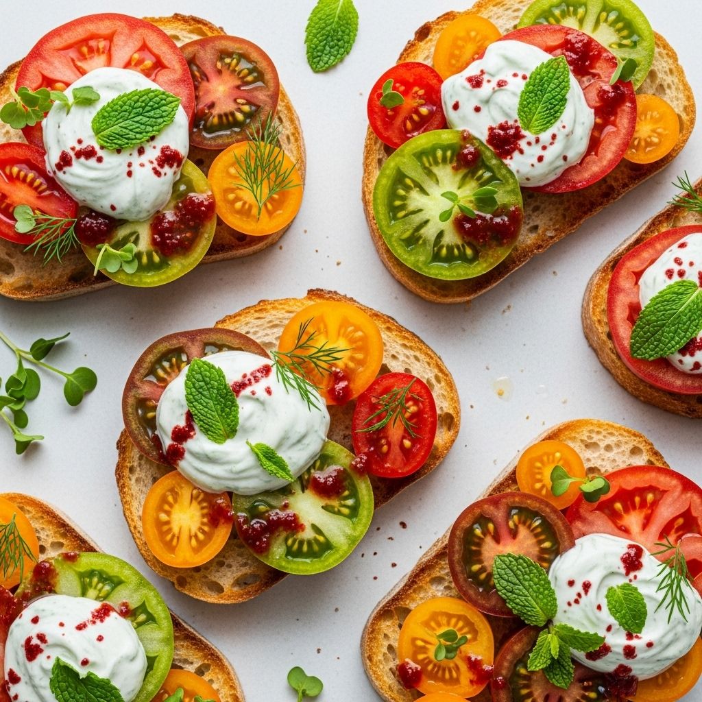Tomato Toasts with Mint Yogurt and Sumac Vinaigrette: A Fresh Mediterranean-Inspired Recipe Discover a vibrant tomato toast elevated with Greek yogurt, mint, and tangy sumac vinaigrette for a healthy Mediterranean-inspired bite.