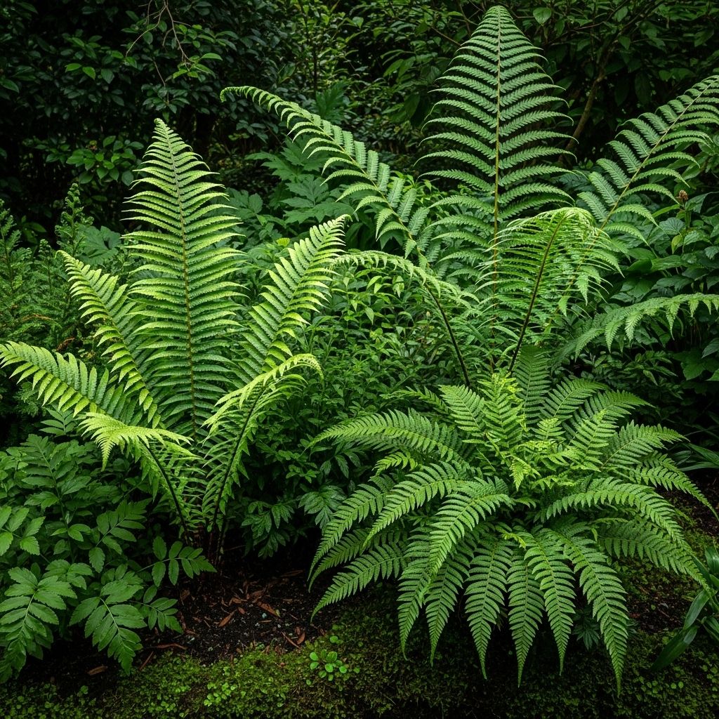Soft, feathery foliage thrives in darker spots, bringing texture to shaded corners.
